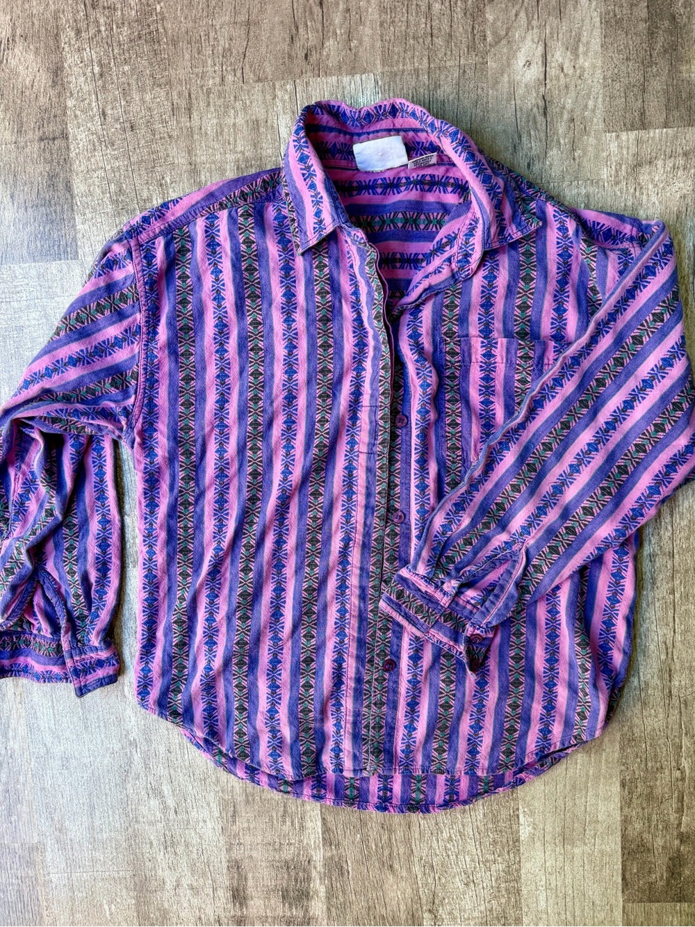 Vintage Purple Pink Aztec Southwestern Geometric Striped Flannel Shirt
